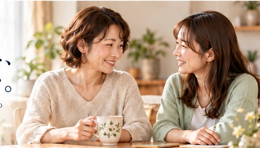明るい庭でこれからの暮らしについて話す母と娘