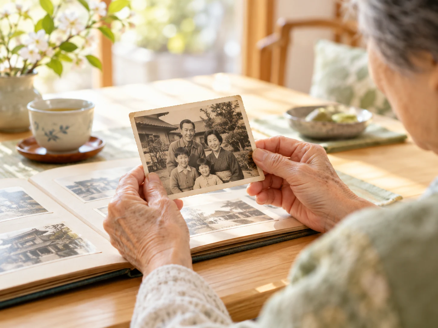 家族アルバムの写真を手に取る様子