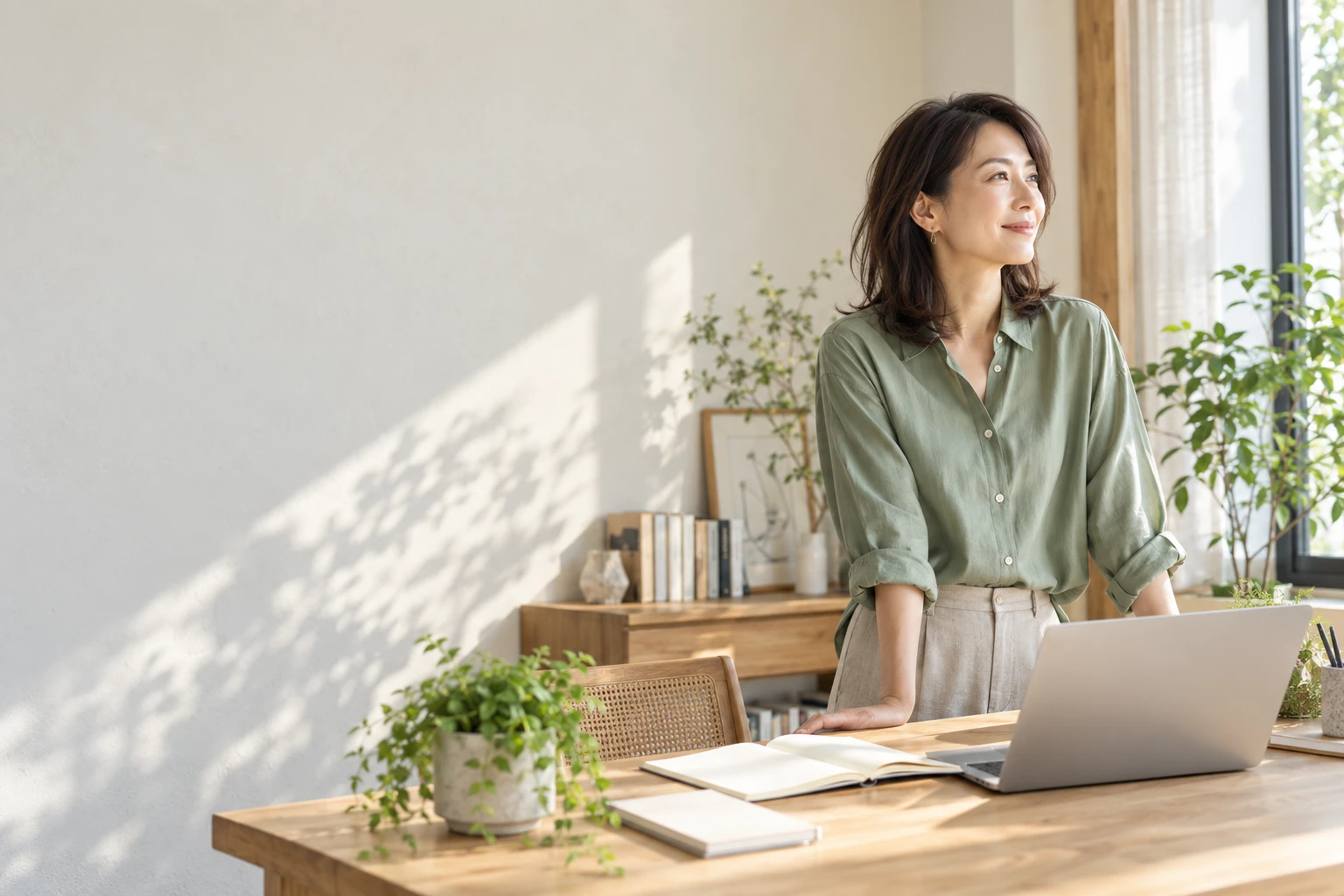 明るい部屋で、これからの暮らしに思いを巡らせる女性