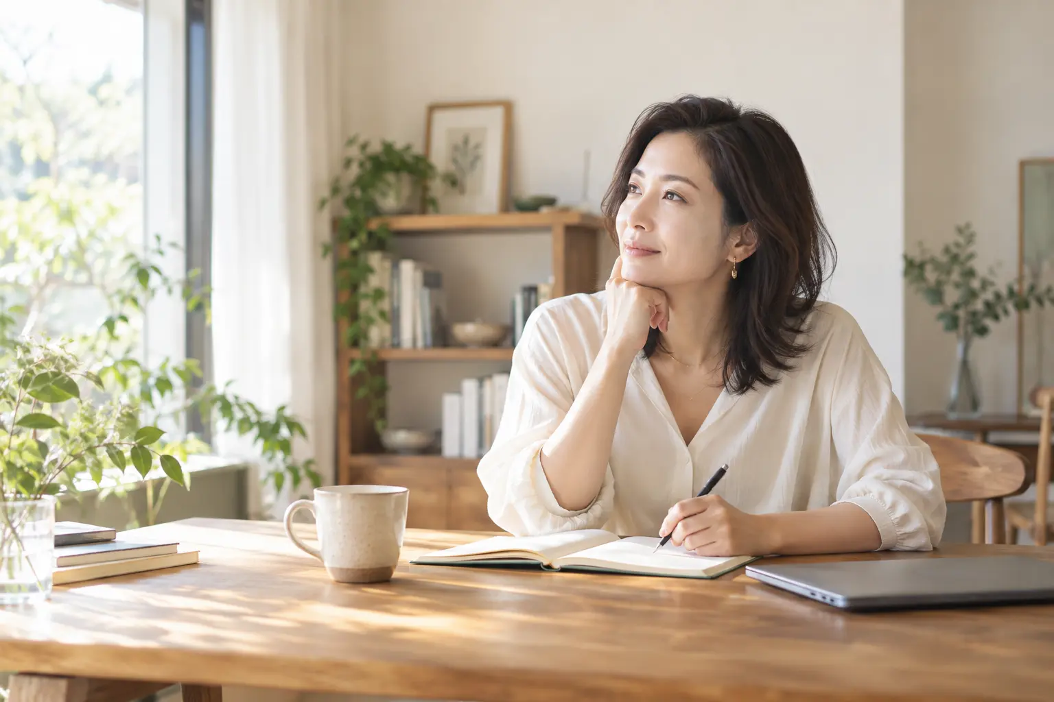 窓辺でノートを開き、これからの人生を考える40代女性