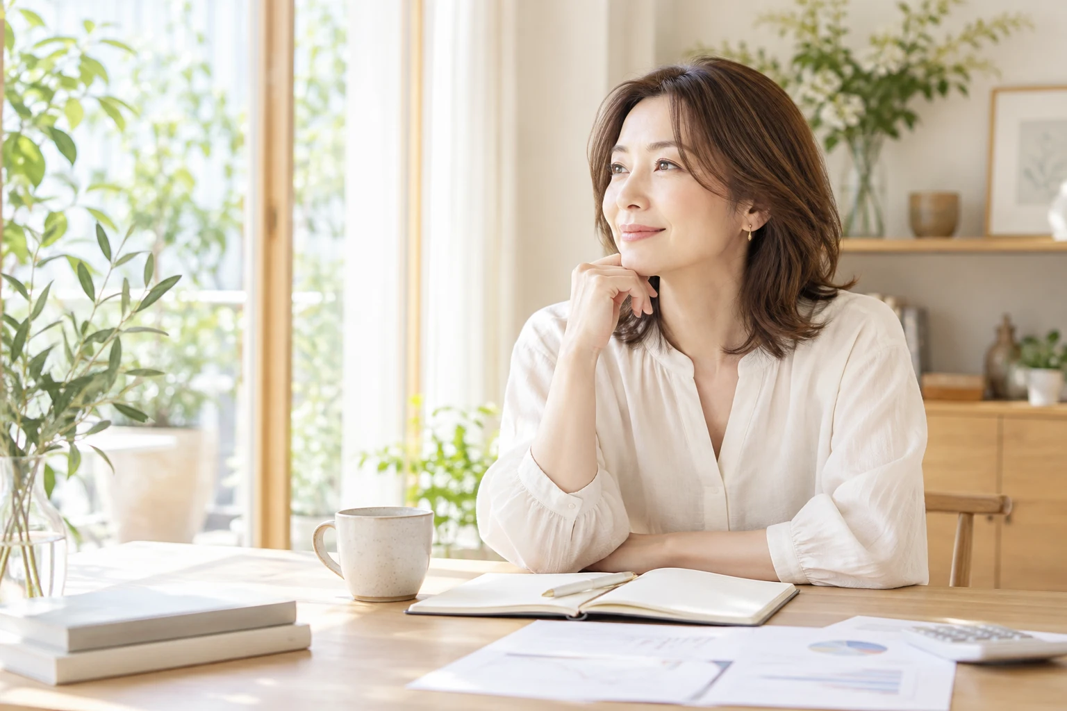 明るい窓辺でこれからの暮らしを考える女性