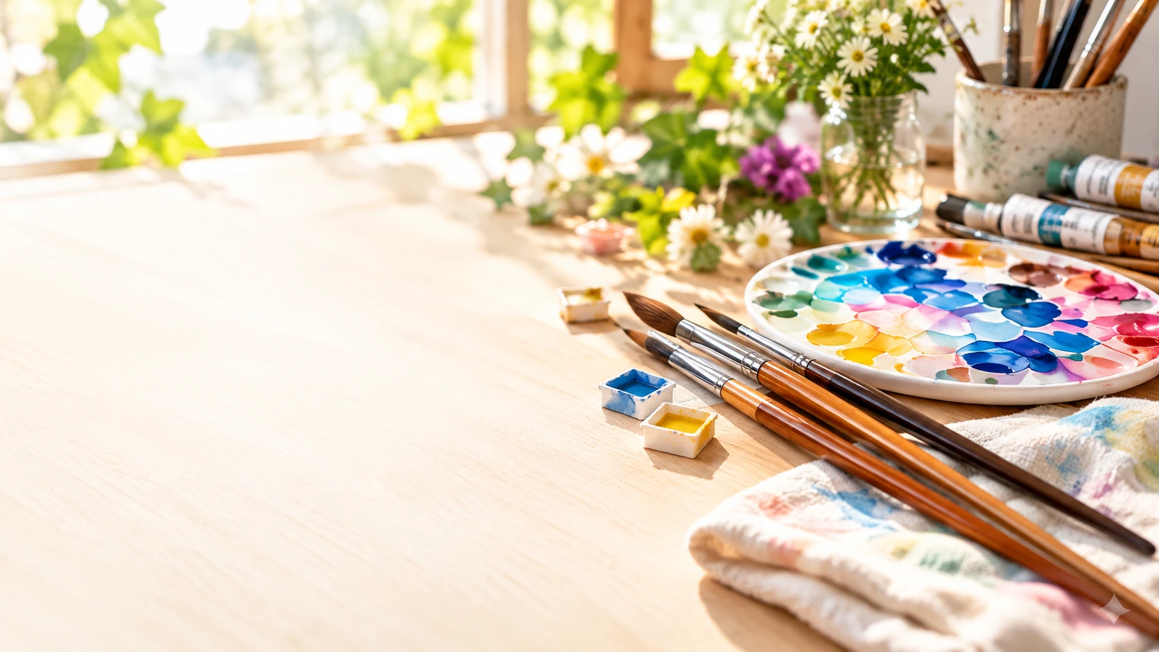 これから描く楽しみを感じる、絵の具と筆のあるアトリエ