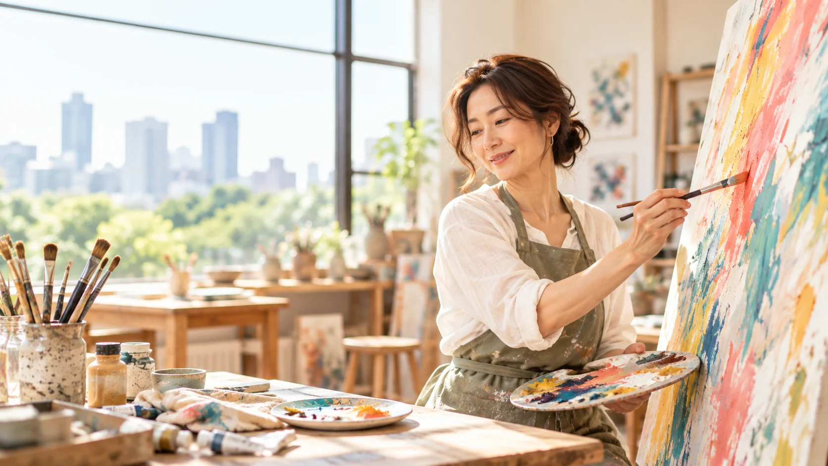 明るいアトリエで絵を描く女性