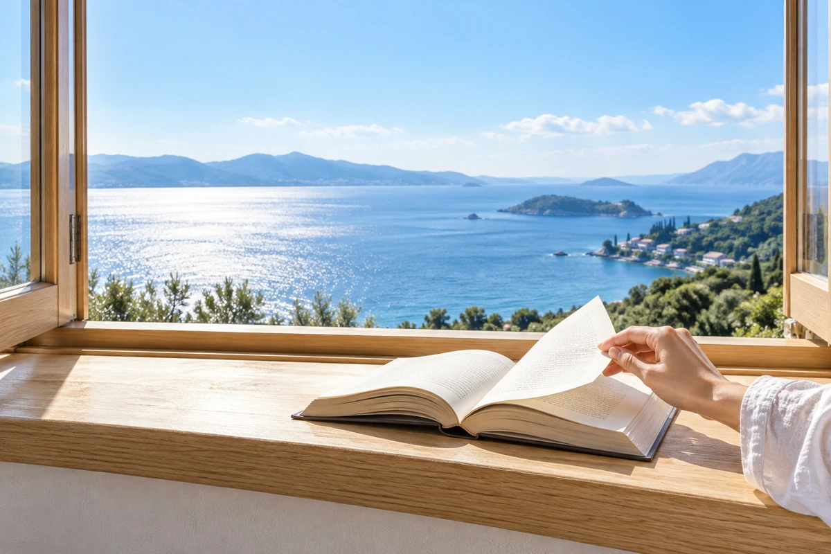 開いた本と、窓の向こうに広がる明るい海の景色