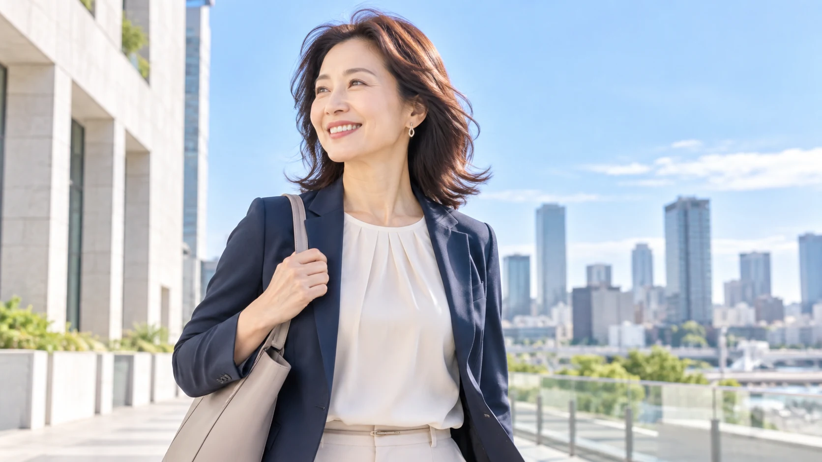 明るい街のテラスで前向きに歩く女性