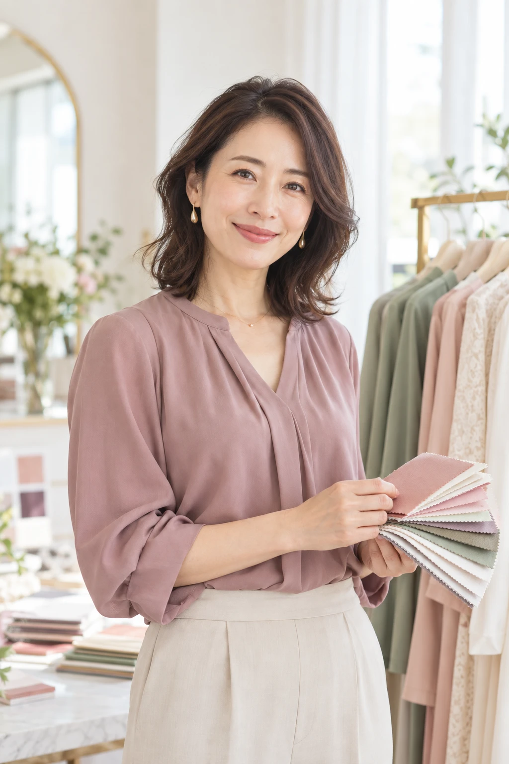 明るいアトリエで色見本を持つスタイリストのイメージ
